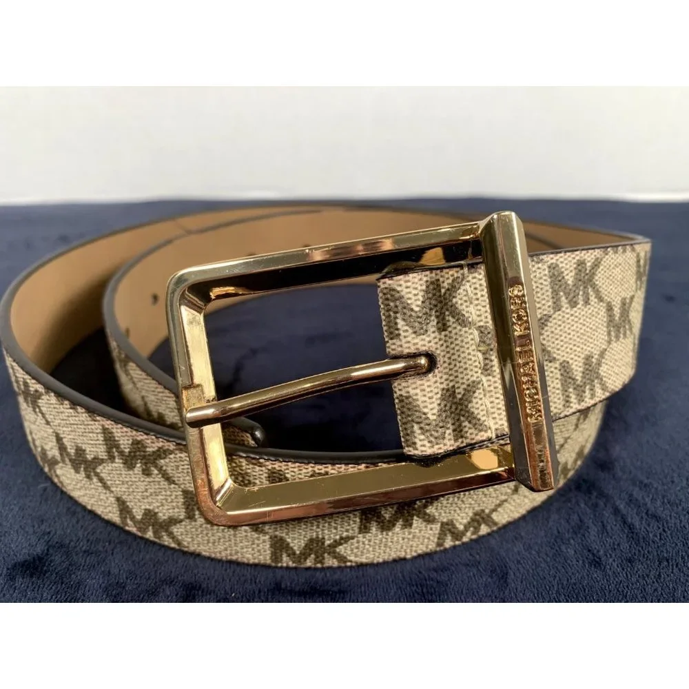 Michael Kors Signature Belt Medium Ivory Brown Logo Gold Buckle New with‎ tags